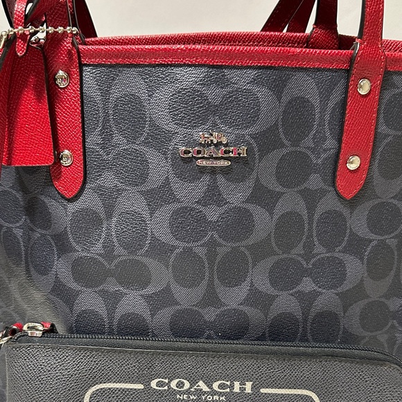 Coach Reversible Signature Logo Navy Tote with Red Trim & Detachable Pouch